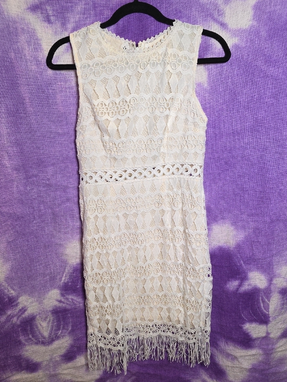 Lulus Kenna Crochet White Lace Mini Dress with Fringe Hem Bodycon